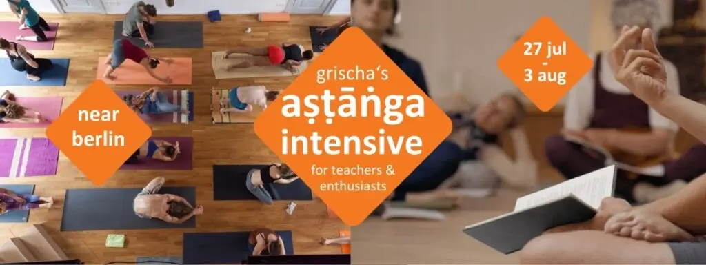 Collage: Ashtanga Yoga Intensive Retreat nahe Berlin – Lehrer unterstützen Schüler im Mysore Style und ein Eindruck eine Yoga Philosophie-Lecture